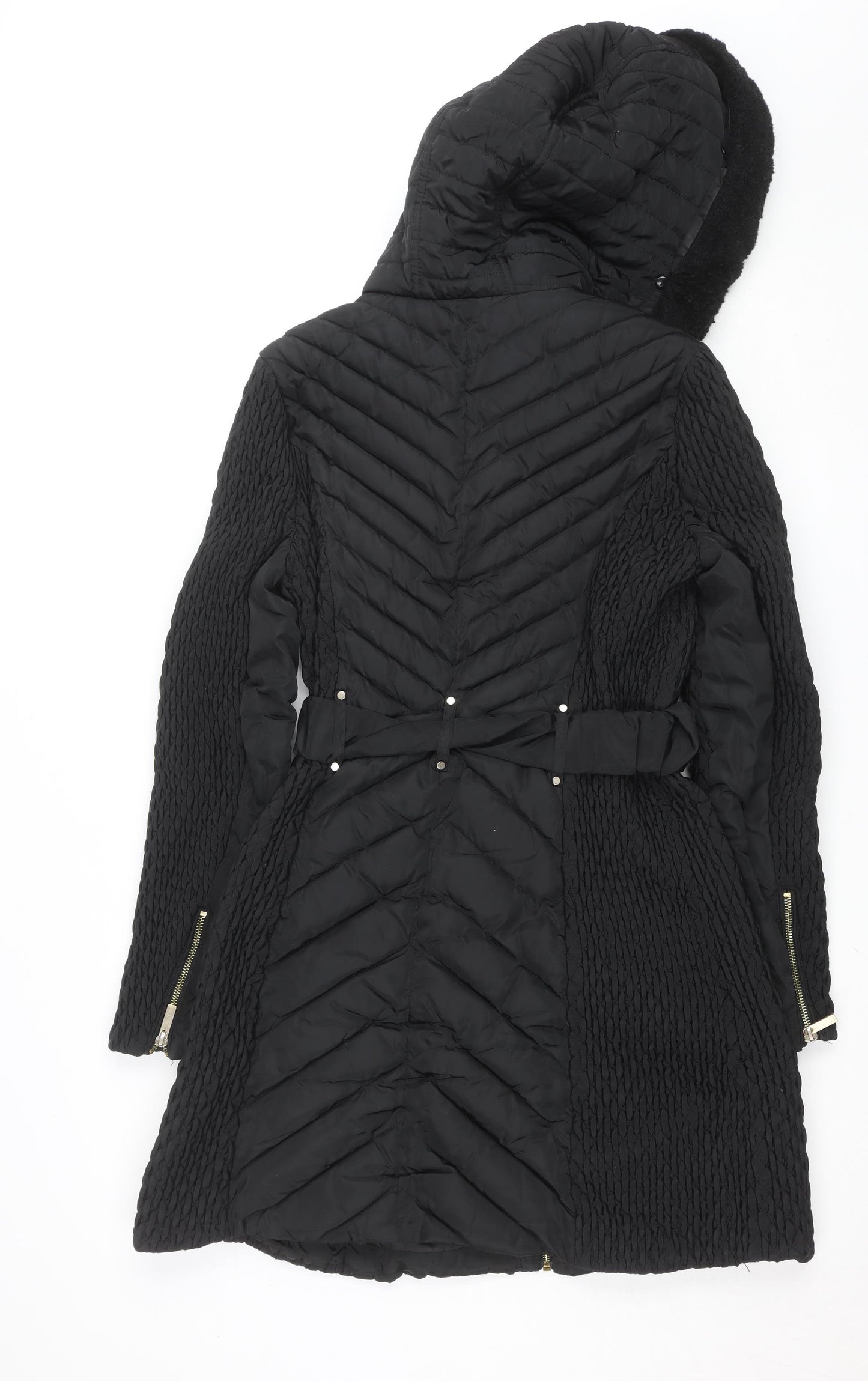 Karen Millen Women's Black Long Belted Hooded Puffer Coat Size 12