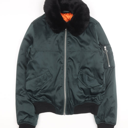 Topshop Women Green Faux Fur Collar Bomber Jacket Size 8