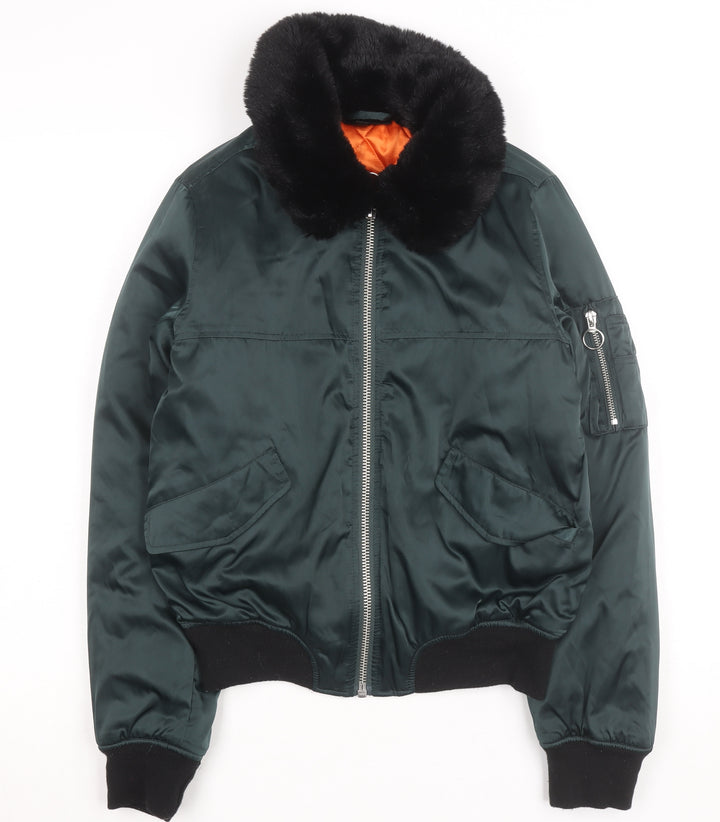 Topshop Women Green Faux Fur Collar Bomber Jacket Size 8