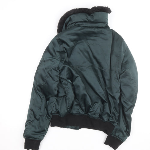 Topshop Women Green Faux Fur Collar Bomber Jacket Size 8