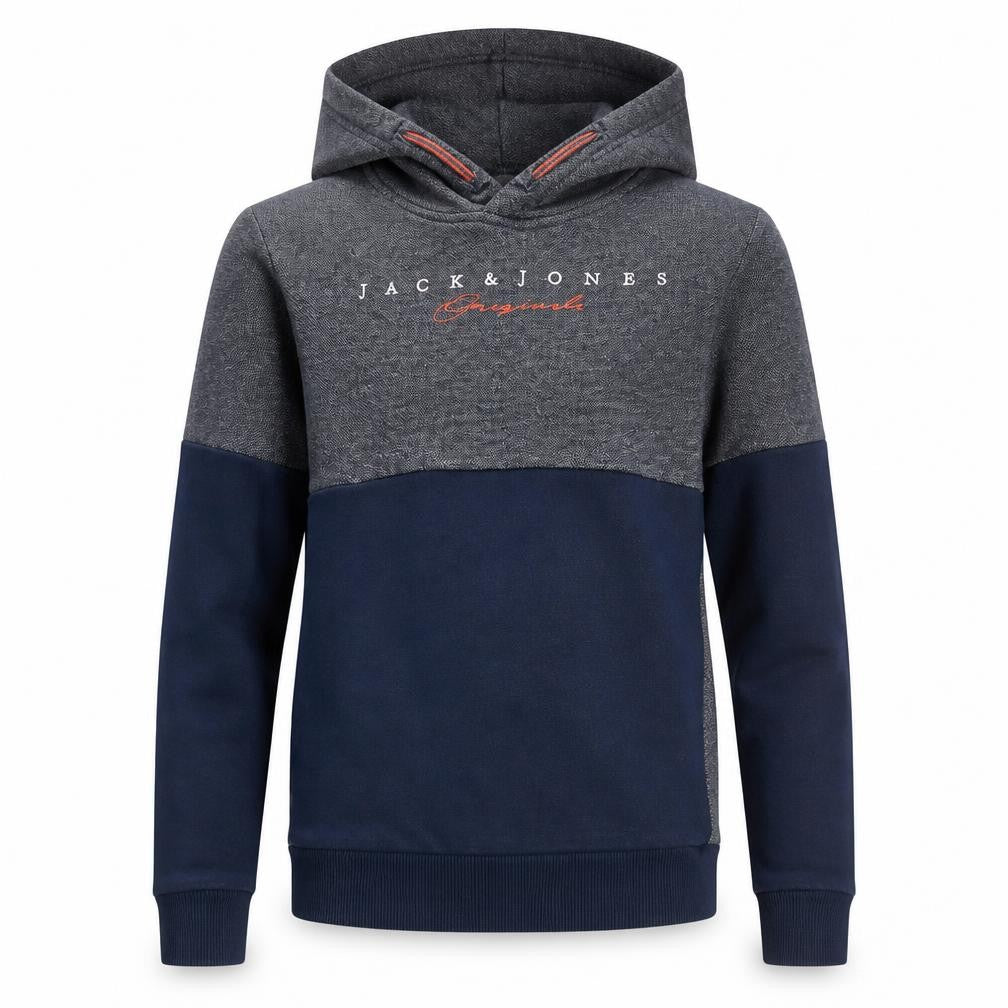 Front view of Jack & Jones boys’ grey & navy pullover hoodie, size 10, years cotton blend