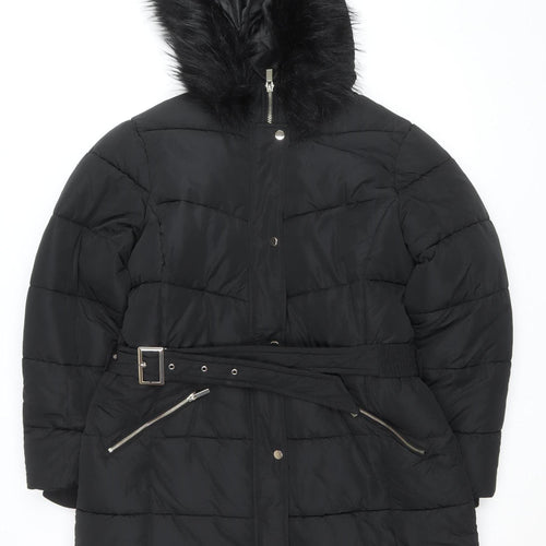 Sosandar Women’s Black Long Puffer Coat Size 18 Belted Hooded Winter Jacket