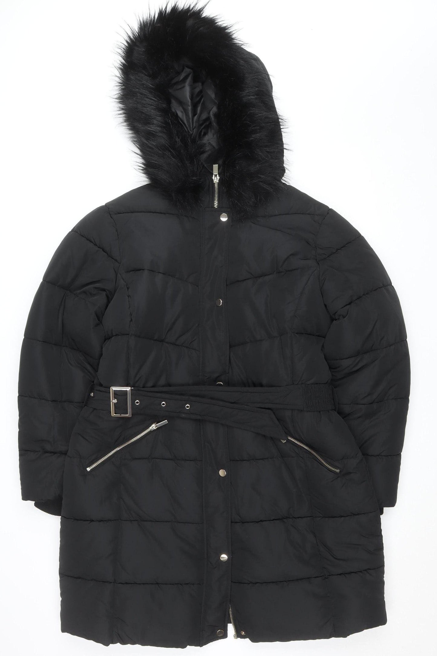 Sosandar Women’s Black Long Puffer Coat Size 18 Belted Hooded Winter Jacket