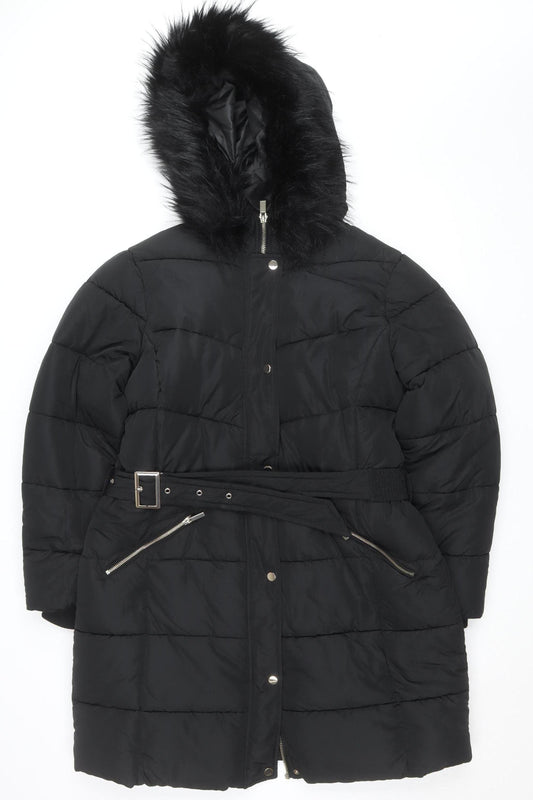 Sosandar Women’s Black Long Puffer Coat Size 18 Belted Hooded Winter Jacket