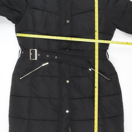Sosandar Women’s Black Long Puffer Coat Size 18 Belted Hooded Winter Jacket
