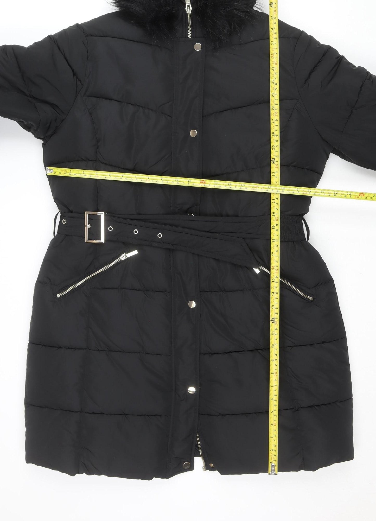 Sosandar Women’s Black Long Puffer Coat Size 18 Belted Hooded Winter Jacket