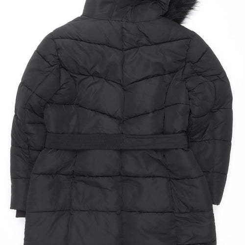 Sosandar Women’s Black Long Puffer Coat Size 18 Belted Hooded Winter Jacket