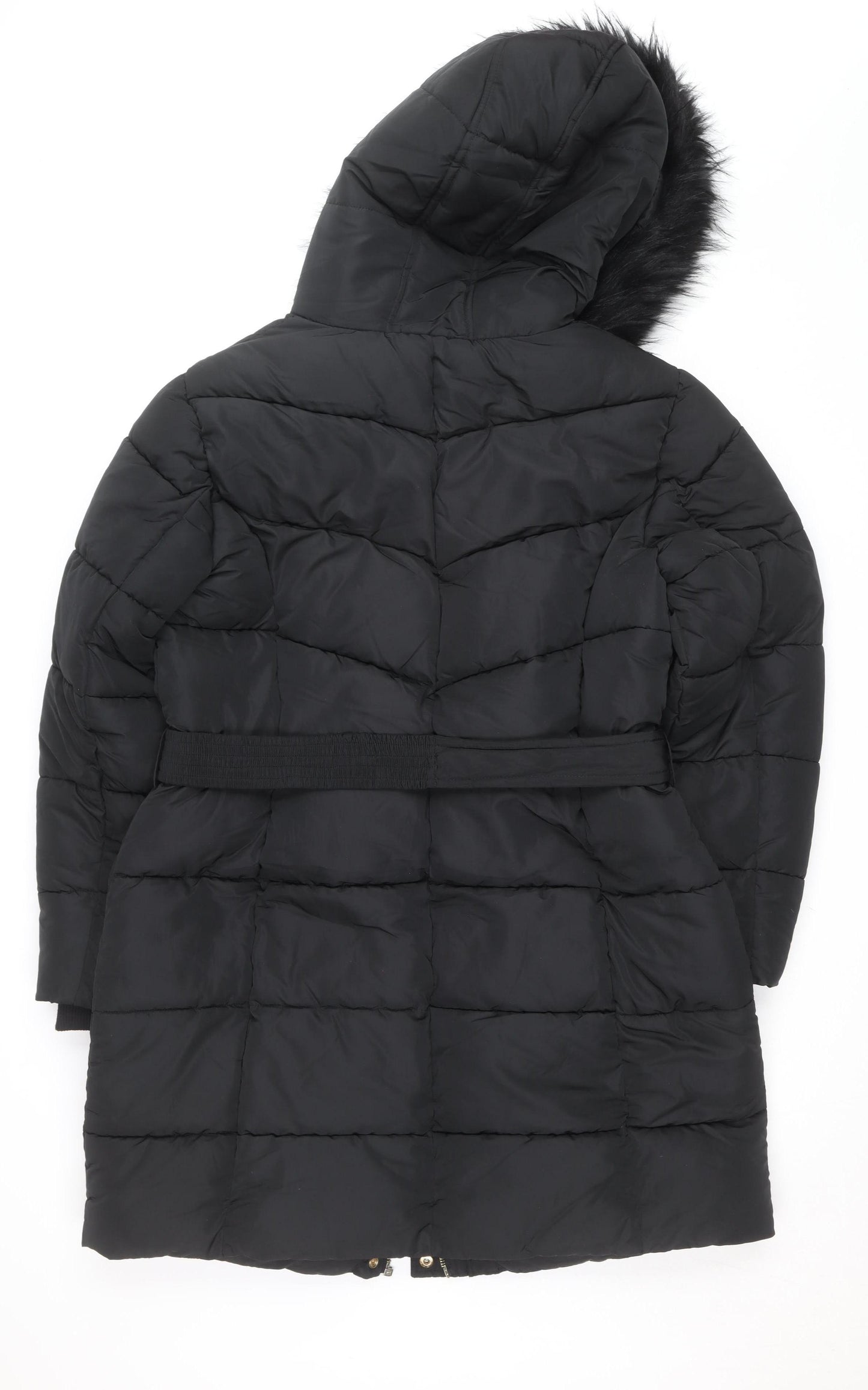 Sosandar Women’s Black Long Puffer Coat Size 18 Belted Hooded Winter Jacket