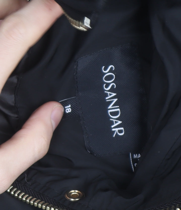 Sosandar Women’s Black Long Puffer Coat Size 18 Belted Hooded Winter Jacket