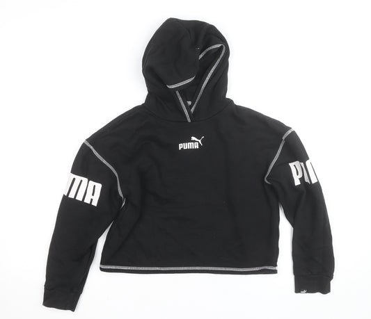 Puma Girls Black 11-12 Years Pullover Logo Hoodie Fleece