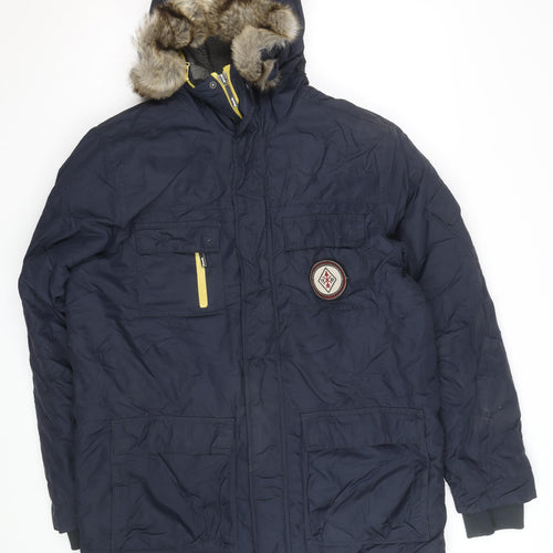 Bench Mens Blue Hooded Parka Jacket L Faux Fur Trim Winter Coat
