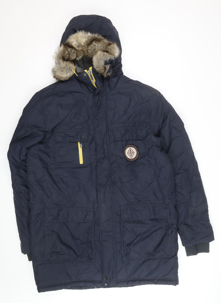 Bench Mens Blue Hooded Parka Jacket L Faux Fur Trim Winter Coat