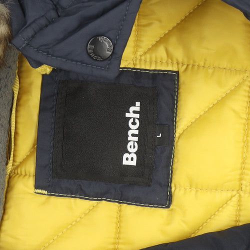 Bench Mens Blue Hooded Parka Jacket L Faux Fur Trim Winter Coat