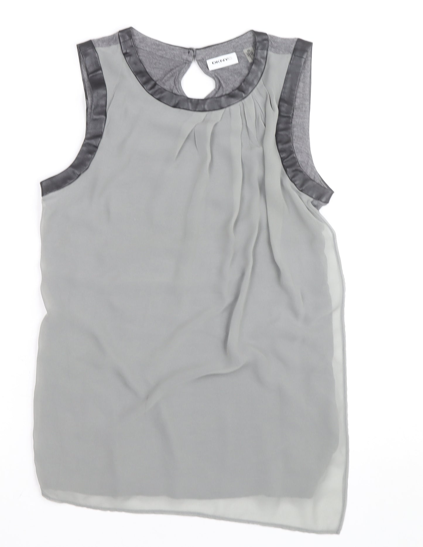 DKNYC Women's Grey Sleeveless Chiffon Top XS Faux Leather Trim