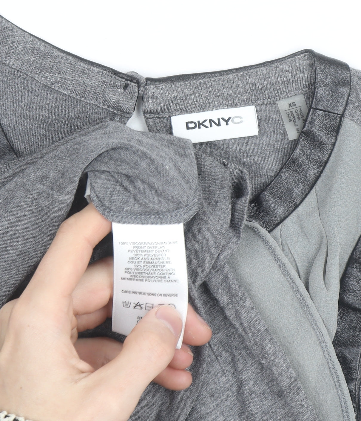 DKNYC Women's Grey Sleeveless Chiffon Top XS Faux Leather Trim