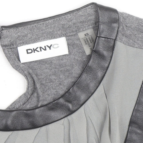 DKNYC Women's Grey Sleeveless Chiffon Top XS Faux Leather Trim