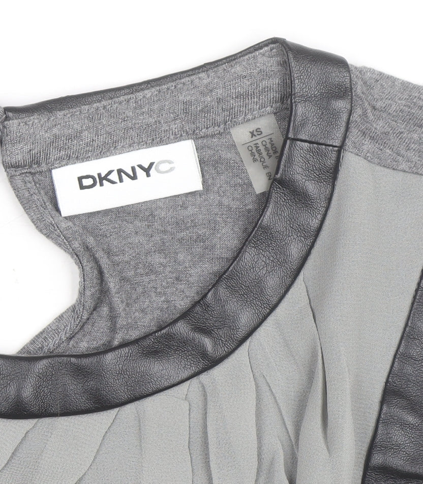 DKNYC Women's Grey Sleeveless Chiffon Top XS Faux Leather Trim