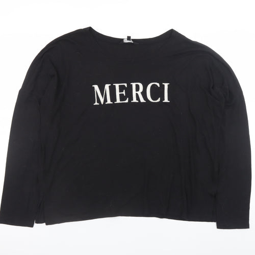 New Look Women Black Long Sleeve Merci T-Shirt UK 14 Polyester Linen Blend