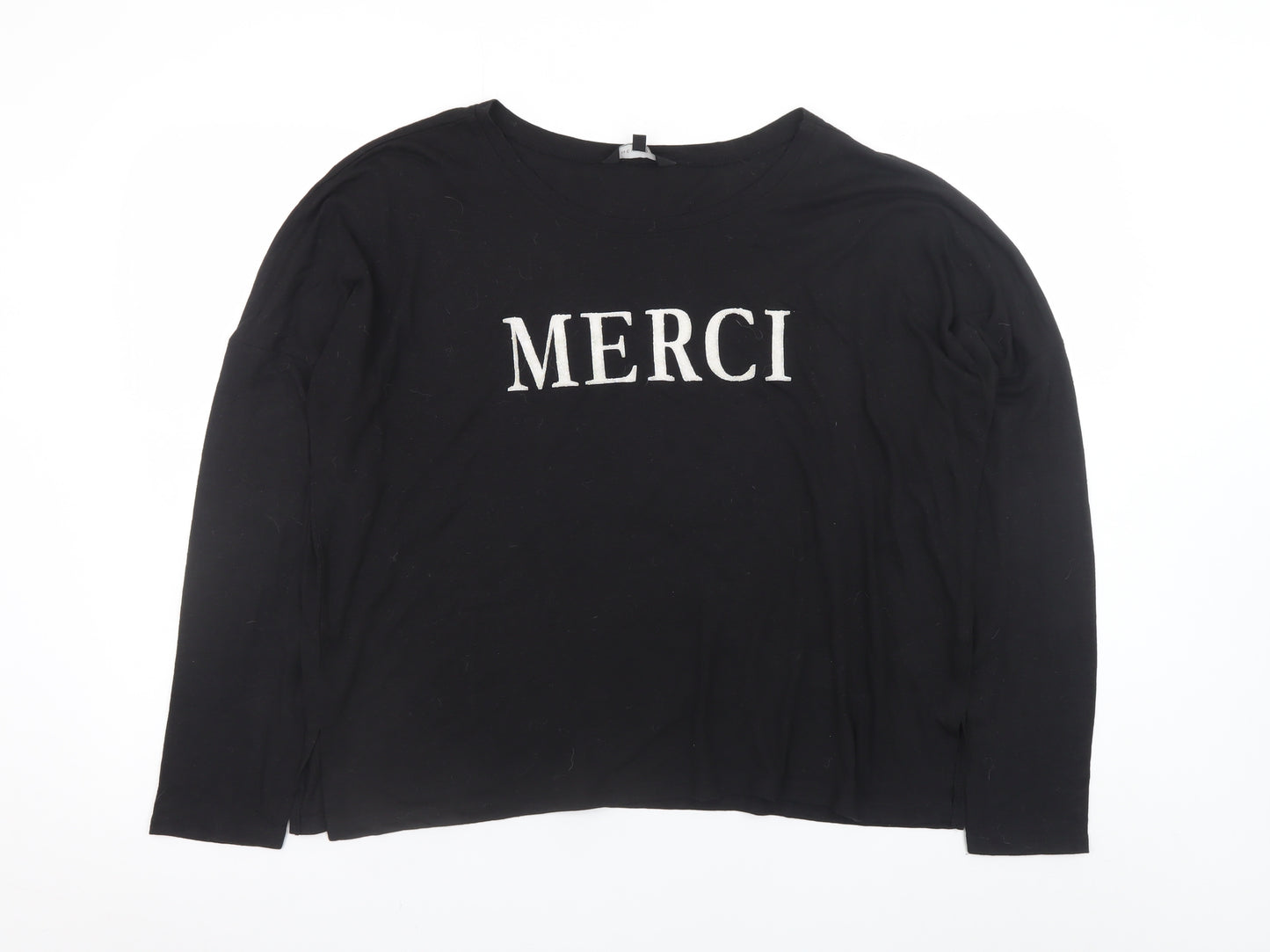 New Look Women Black Long Sleeve Merci T-Shirt UK 14 Polyester Linen Blend