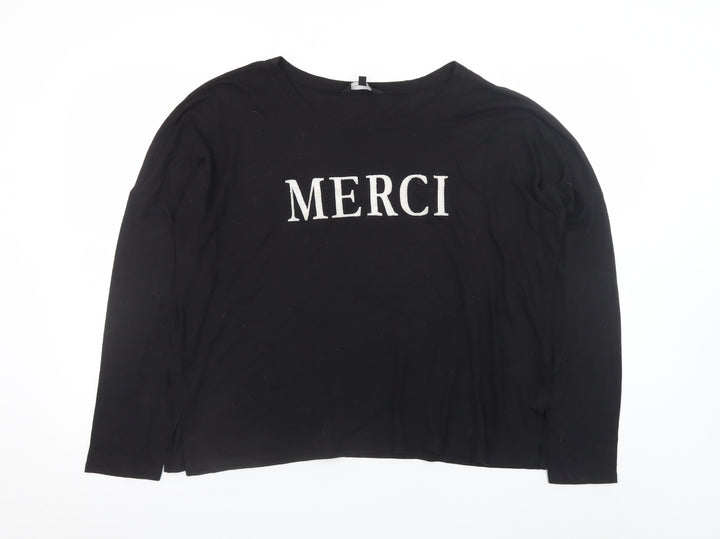New Look Women Black Long Sleeve Merci T-Shirt UK 14 Polyester Linen Blend