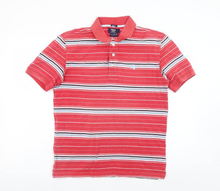 FILA Mens Red Striped Classic Fit Cotton Polo Shirt Size M
