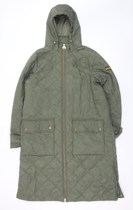 Barbour International Women's Green Quilted Long Hooded Coat UK 12