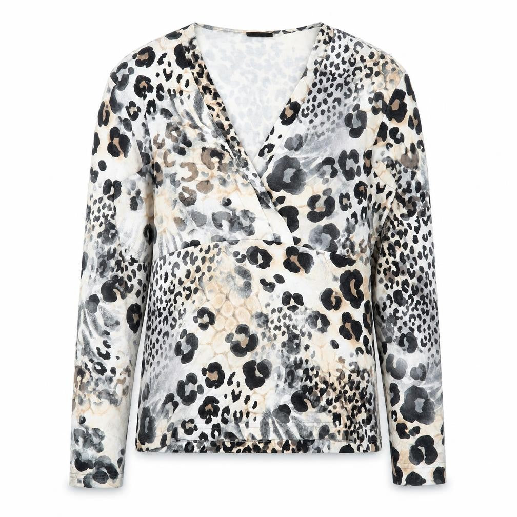 Front view of Gerry Weber Women's Multicoloured Animal Print Wrap V-Neck Blouse, size 14