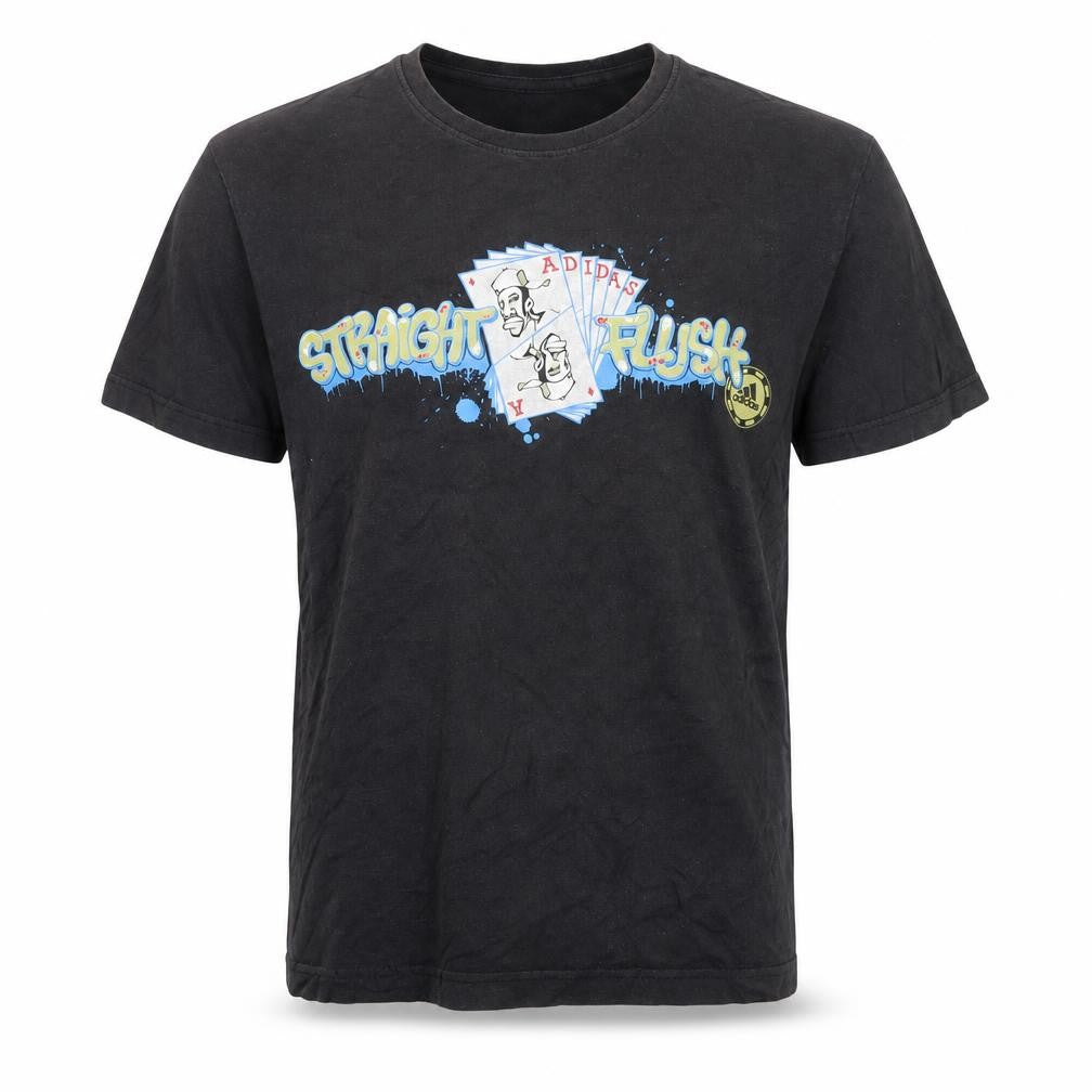 Front view of Adidas Men's Black Graphic Straight Flush T-Shirt, size M