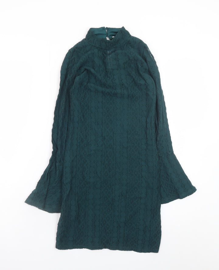 Miss Selfridge Women’s Green Lace Shift Dress Size 6 Long Sleeve High Neck
