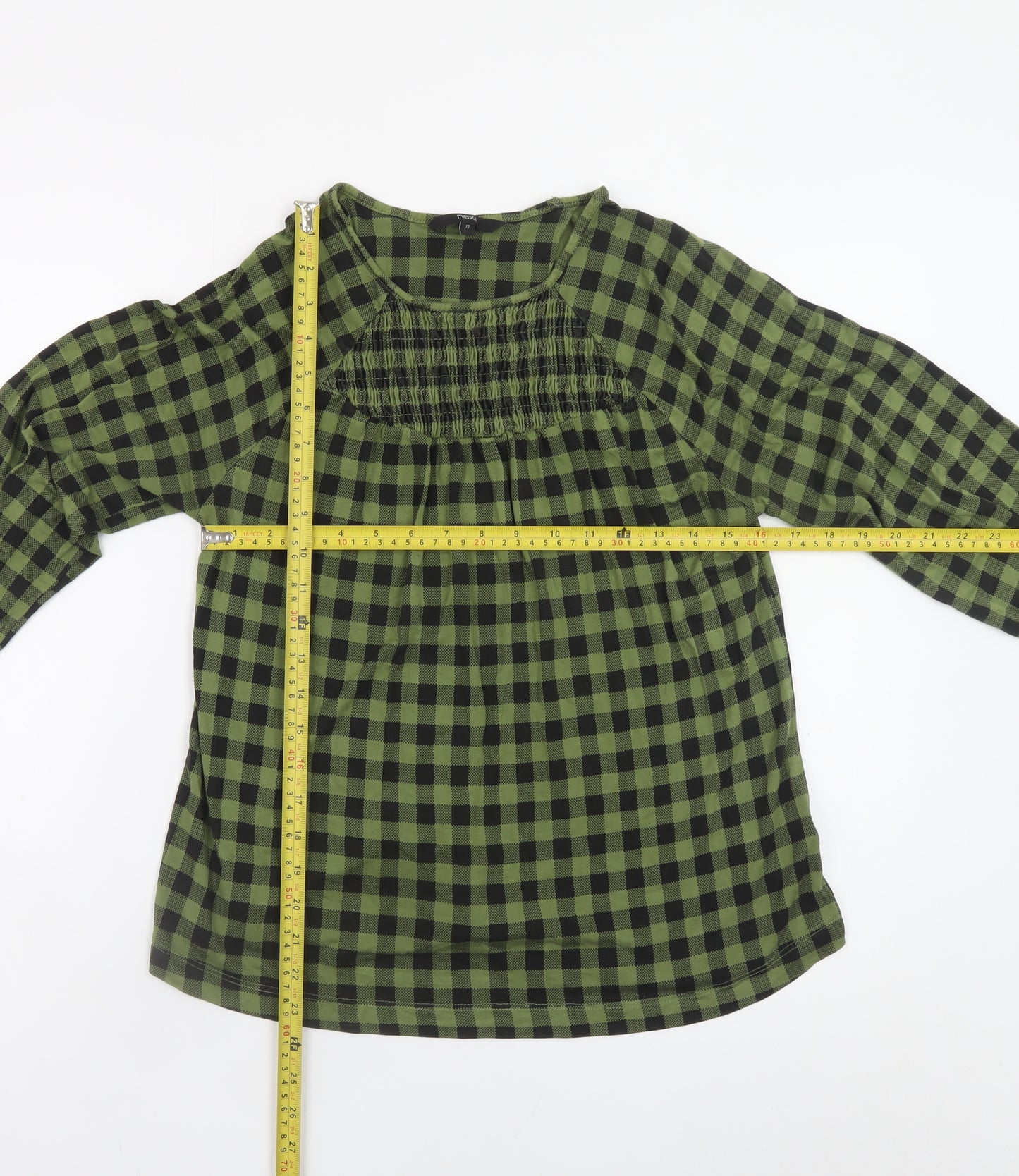 Next Womens Green Check Tunic Blouse Size 12 Long Sleeve