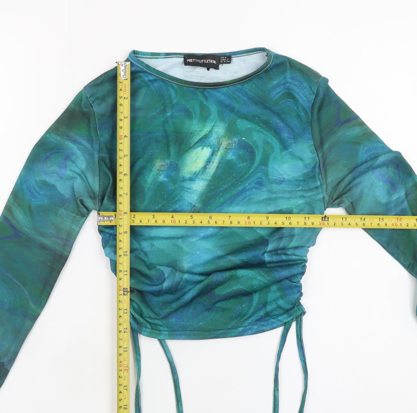 PrettyLittleThing Women’s Multicoloured Ruched Long Sleeve Cropped T-Shirt Size 6