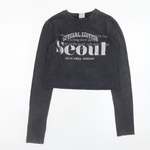 Bershka Women Black Cropped Long Sleeve Seoul Graphic T-Shirt Size S