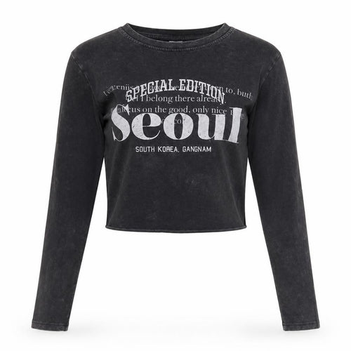 Bershka Women Black Cropped Long Sleeve Seoul Graphic T-Shirt Size S