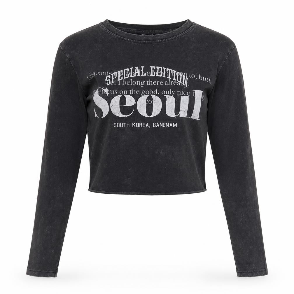 Bershka Women Black Cropped Long Sleeve Seoul Graphic T-Shirt Size S