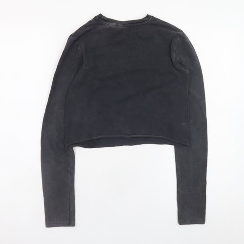 Bershka Women Black Cropped Long Sleeve Seoul Graphic T-Shirt Size S