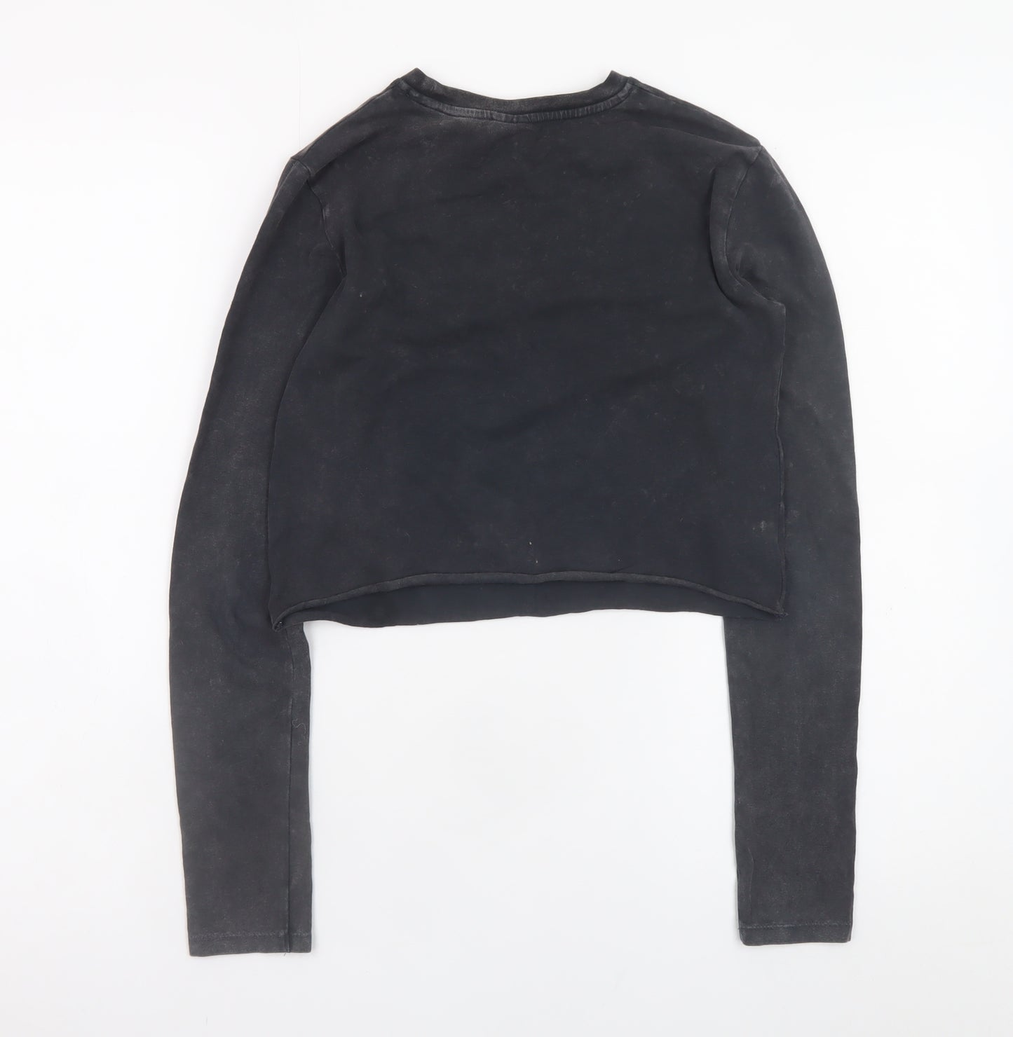 Bershka Women Black Cropped Long Sleeve Seoul Graphic T-Shirt Size S