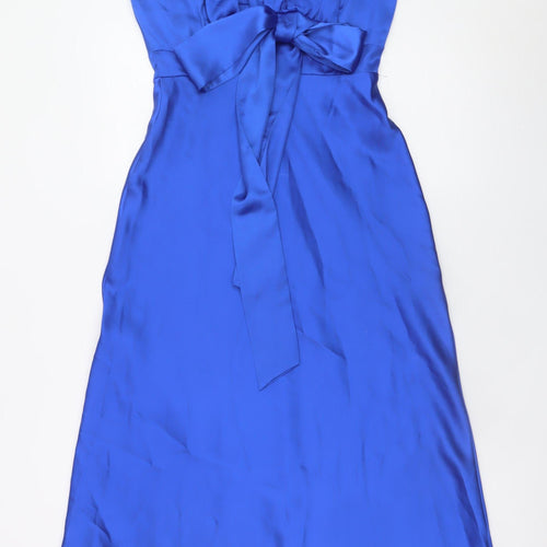 Quiz Women Blue Satin Slip Dress Size 10 Midi Belted Strappy
