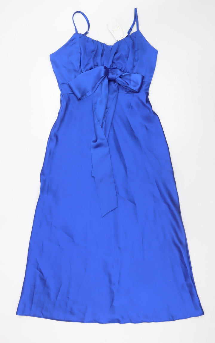 Quiz Women Blue Satin Slip Dress Size 10 Midi Belted Strappy