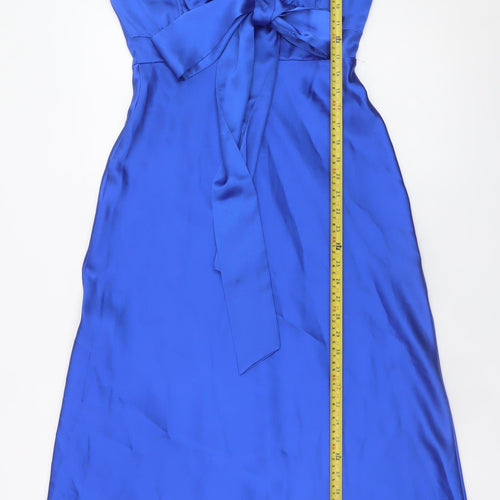 Quiz Women Blue Satin Slip Dress Size 10 Midi Belted Strappy