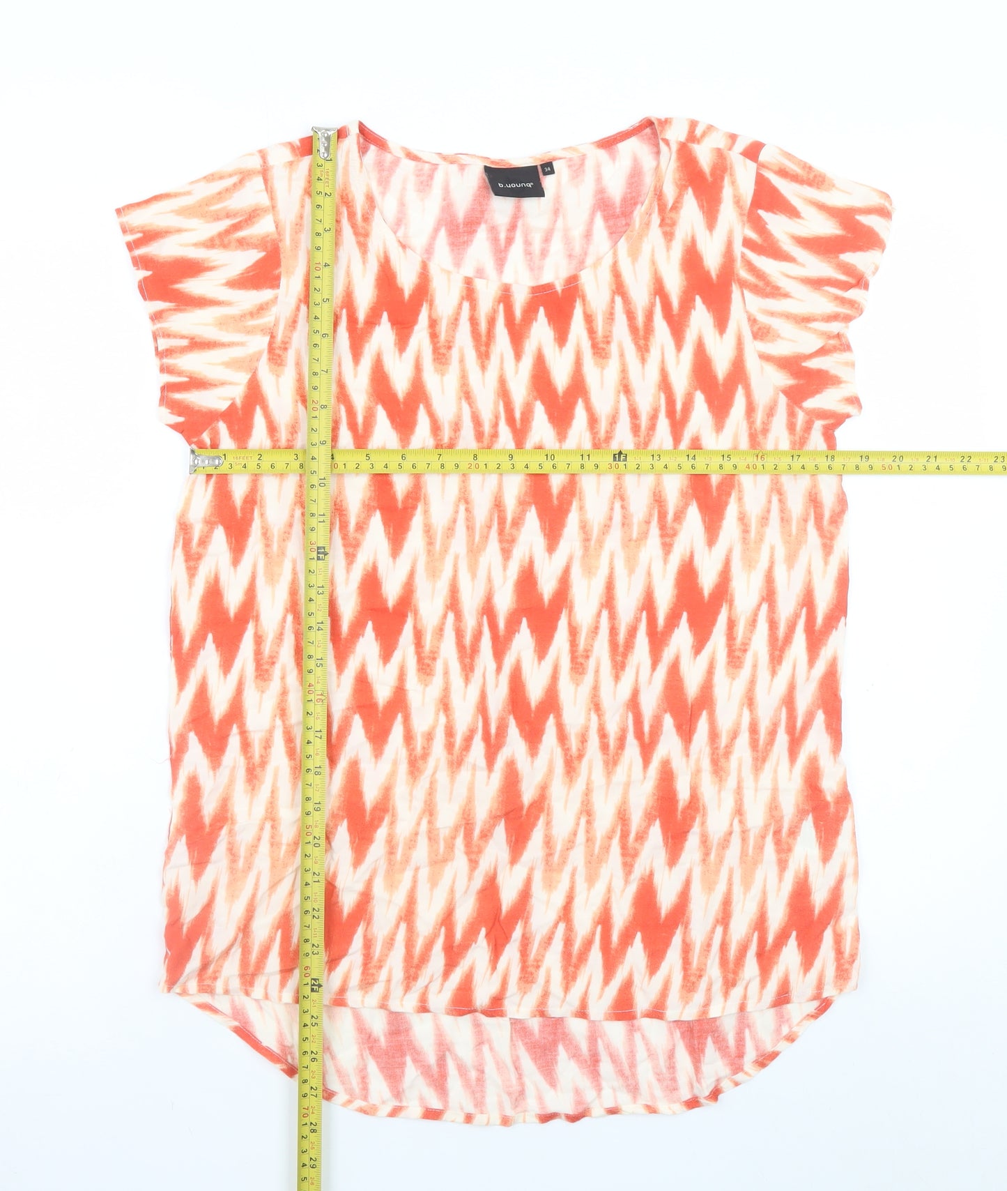 b.young Women Orange Geometric Short Sleeve Viscose T-Shirt Size 6