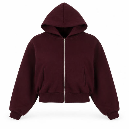 Front view of H&M Move Women's Burgundy Full Zip Hoodie, size 12, Cotton Blend