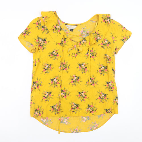Dorothy Perkins Women's Yellow Floral Short Sleeve Blouse UK 8 Viscose
