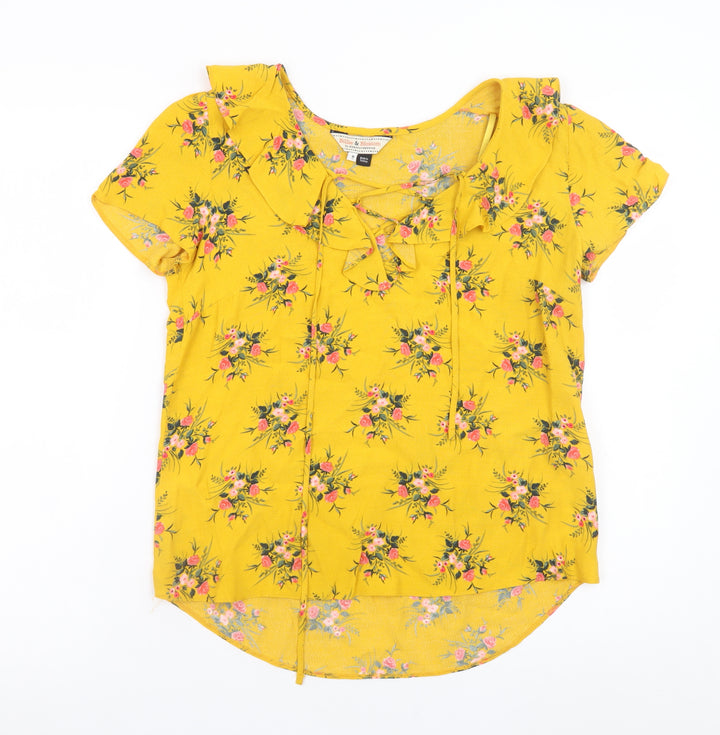 Dorothy Perkins Women's Yellow Floral Short Sleeve Blouse UK 8 Viscose