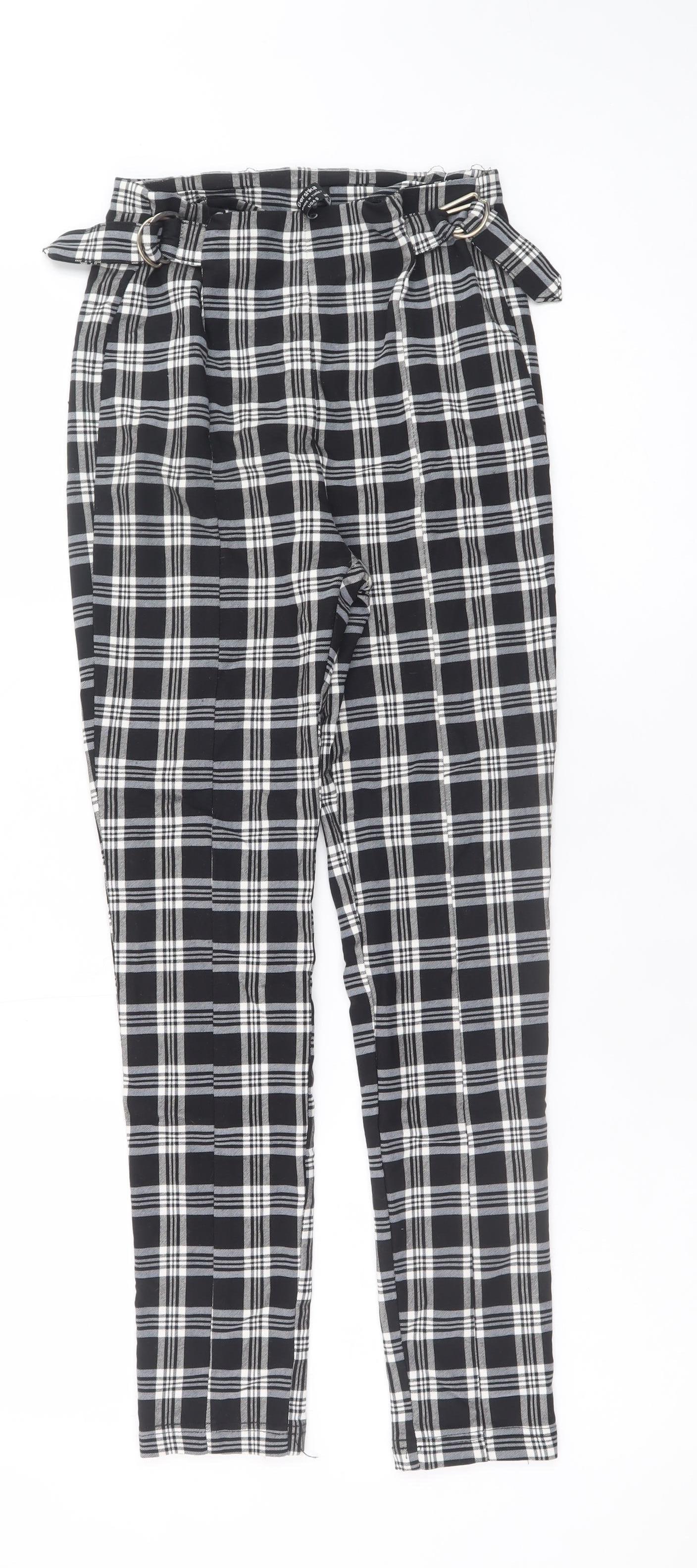 Bershka Womens Black Plaid Paperbag Tapered Trousers Size S