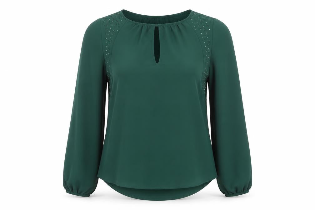 Front view of Zara Basic Women's Green Studded Long Sleeve Chiffon Blouse XS