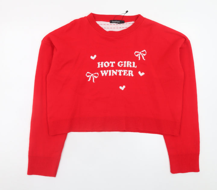 Boohoo Women Red Knit Pullover Jumper L Hot Girl Winter