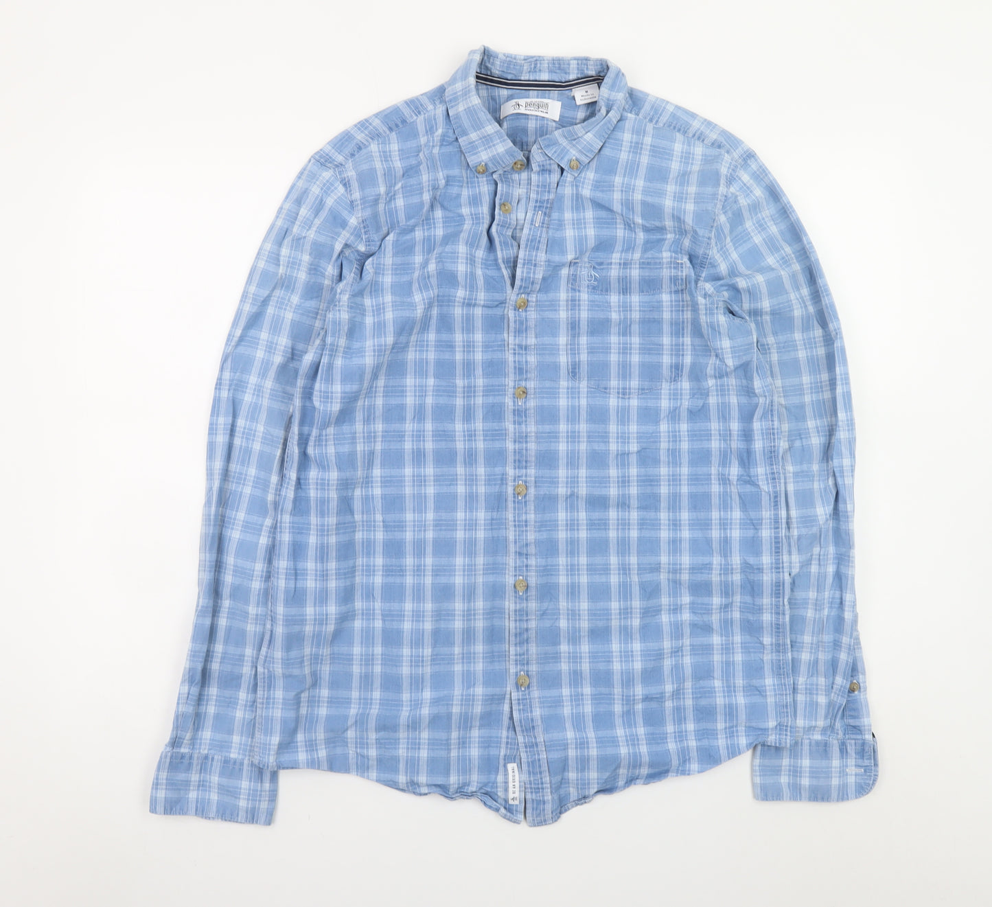 Original Penguin Men's Blue Check Cotton Long Sleeve Button-Up Shirt M