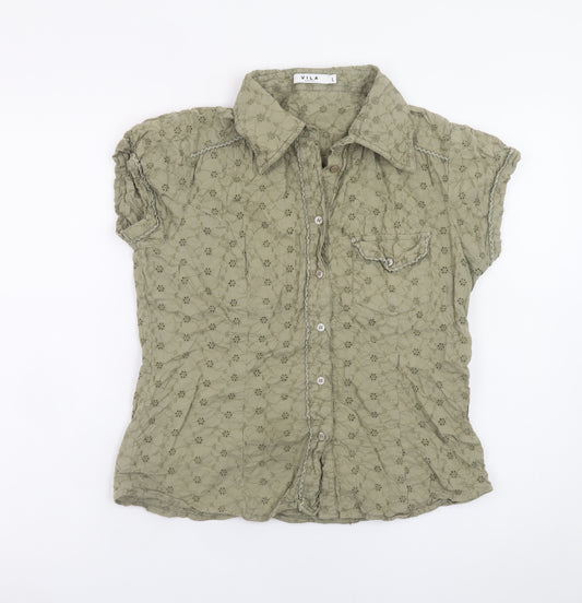 Vila Women’s Green Embroidered Lace Short Sleeve Collared Blouse L