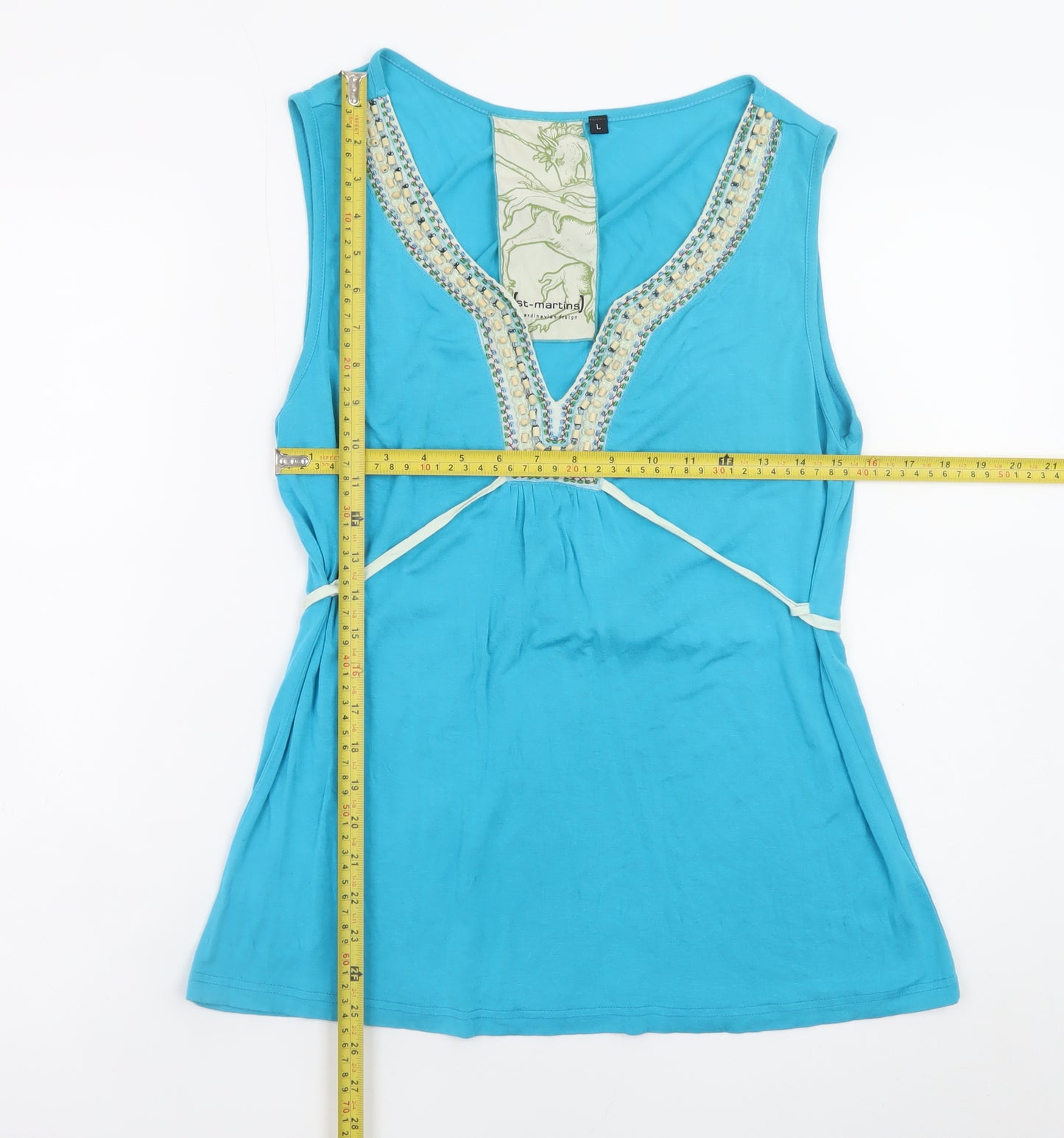 St Martins Women Blue Sleeveless Beaded V-Neck Tunic Top Size L