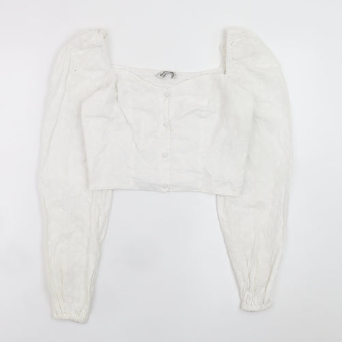Stradivarius Women’s White Cropped Lace Blouse Puff Sleeve Size 8